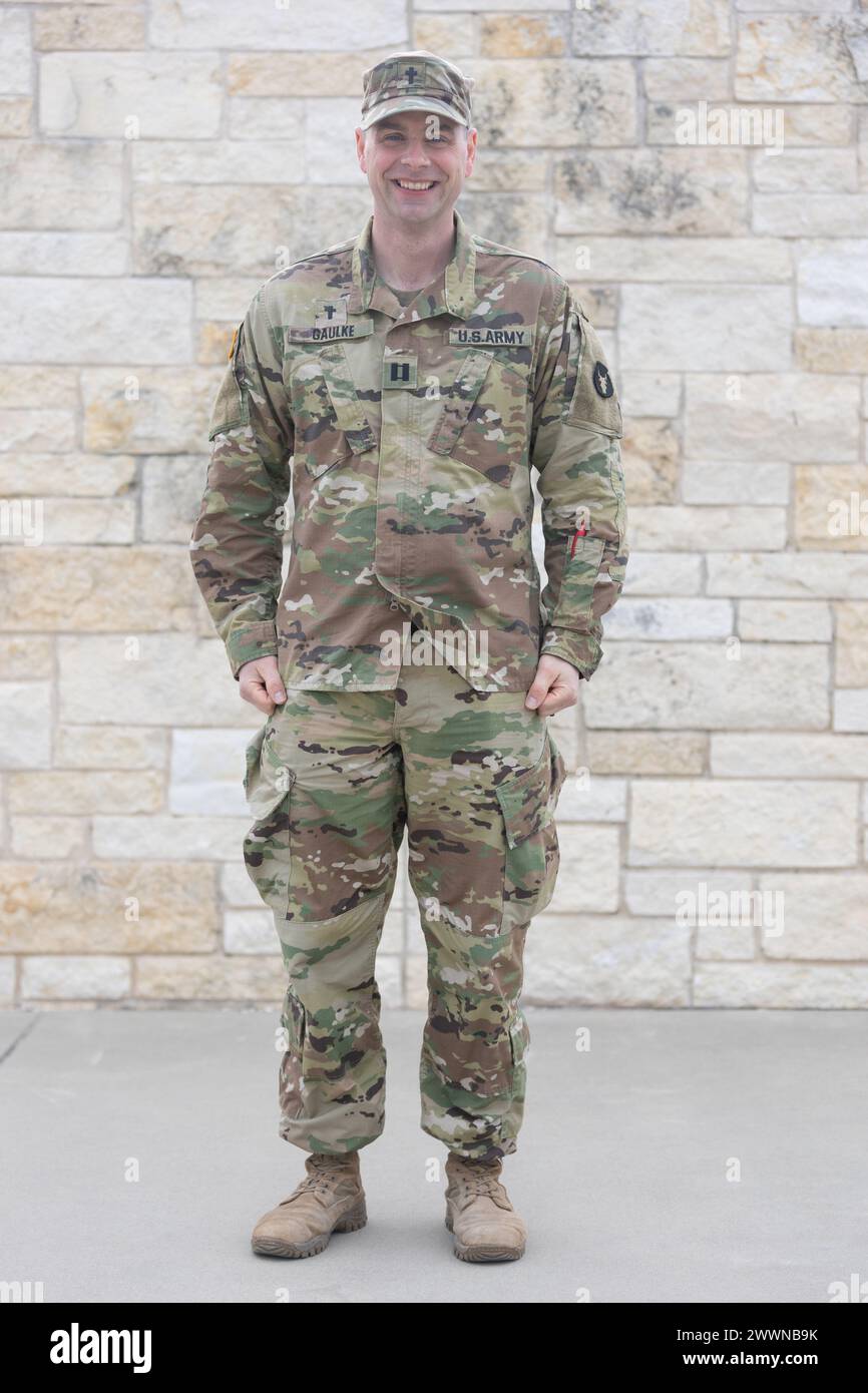 Chaplin Michael Gaulke, battalion chaplain assigned to the 34th Infantry Division 'Red Bulls' poses for a portrait at Fort Cavazos, Texas Feb. 28, 2024. The chaplain team is headed to the Middle East to participate in Operation Spartan Shield. (Minnesota National Guard Stock Photo