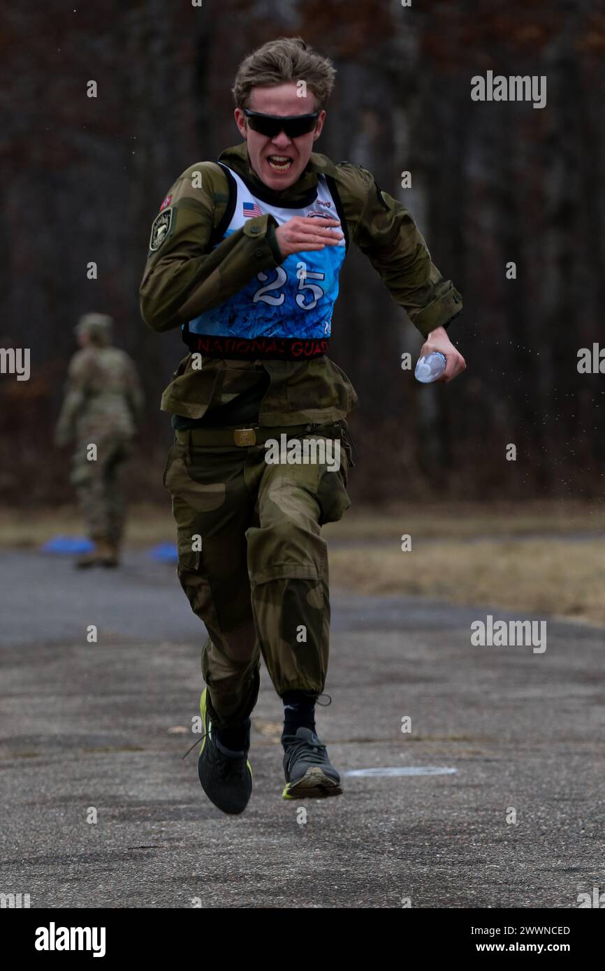 The Norwegian Home Guard Youth run a Biathlon at Camp Ripley Training Center in Little Falls, Minnesota, on February 7th, 2024. The Norwegian Home Guard is training with the Minnesota National Guard as a part of the 51st annual Norwegian Reciprocal Troop Exchange (Minnesota Army National Guard Stock Photo