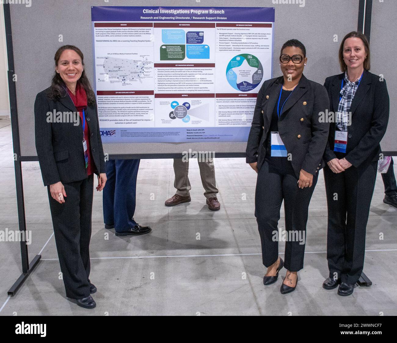 The Defense Health Agency Research and Engineering Directorate, Clinical Investigations Program Branch organized a poster presentation contest for early career scientists during the Feb. 2024 meeting of AMSUS, the Society of Federal Health Professionals, in National Harbor, Maryland. Seen here are poster presenters engaging with conference participants, in advance of a series of oral presentations during the conference. Stock Photo