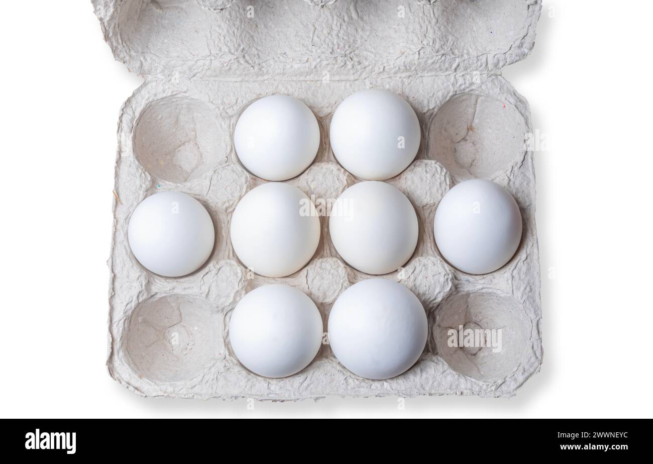 White eggs in a carton box on white background. Top view. Stock Photo
