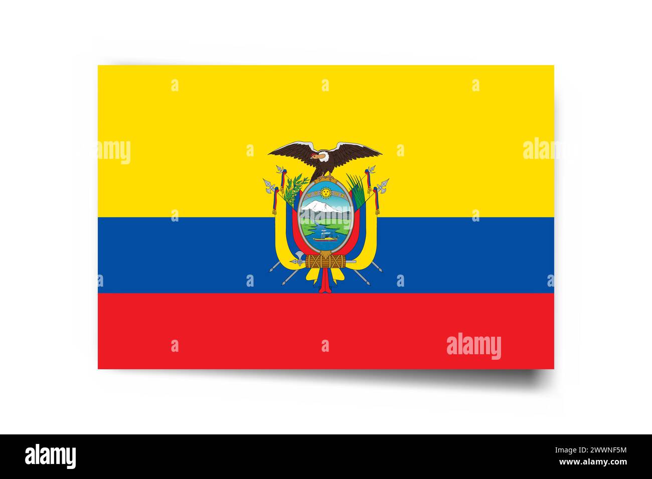 Ecuador flag - rectangle card with dropped shadow isolated on white background. Stock Vector