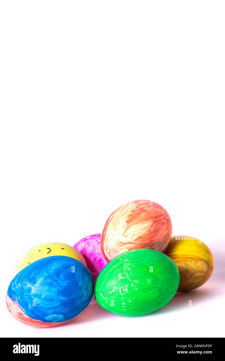 Colorful easter eggs on a white background with space for text. Happy Easter concept. Stock Photo