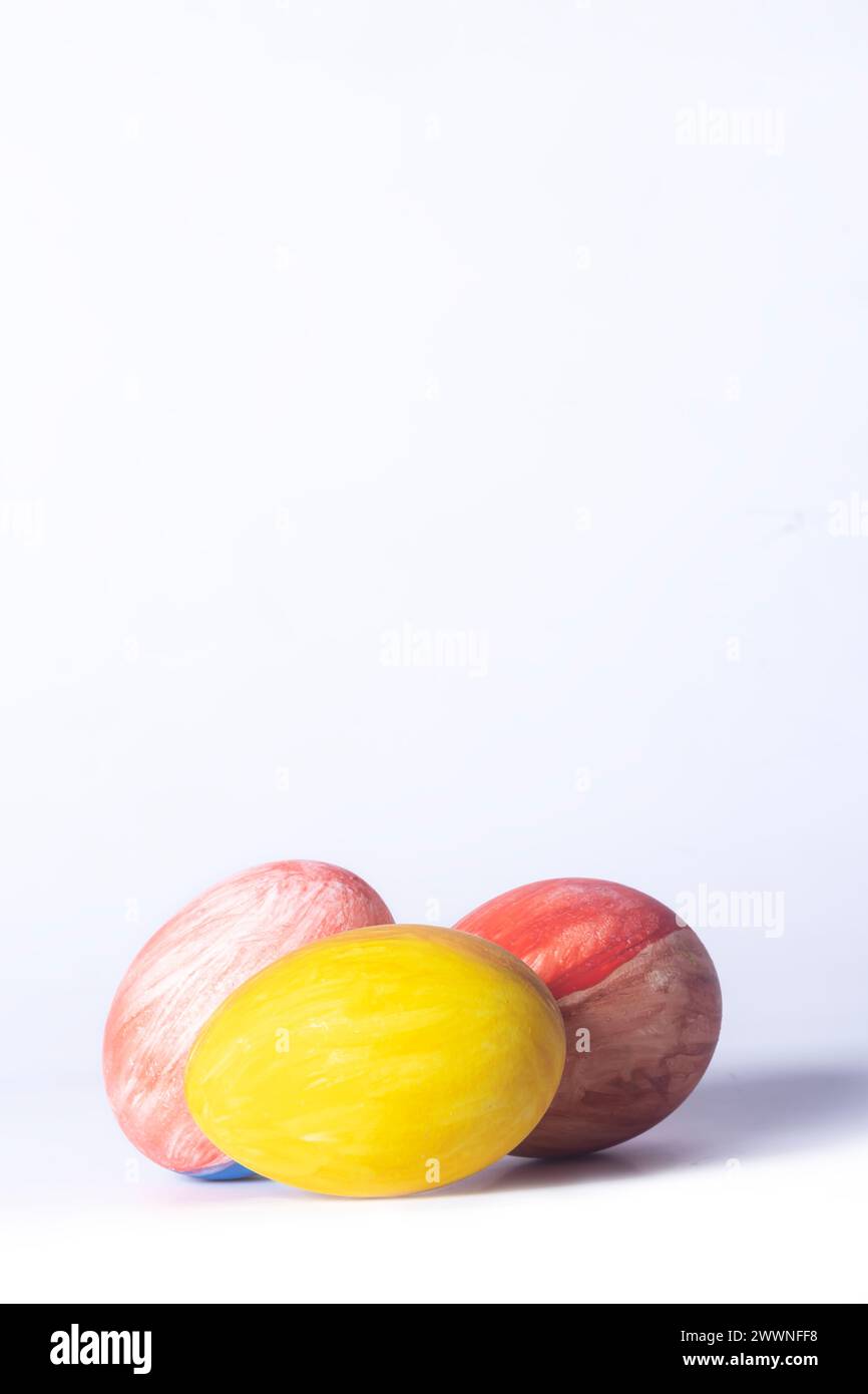 Colorful Easter eggs isolated on a white background with copy space for text. Easter decoration. Happy Easter. Stock Photo