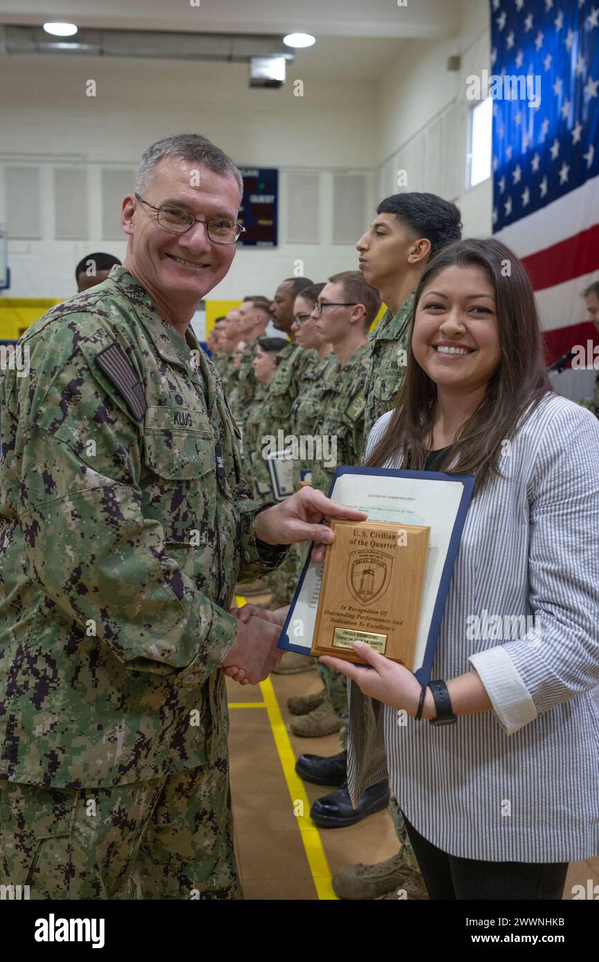 NAVAL SUPPORT ACTIVITY SOUDA BAY, Greece (Feb. 15, 2024) Angela Buenrostro, assigned to Naval Support Activity (NSA) Souda Bay, Greece, is recognized as the U.S. Civilian of the Quarter for the fourth quarter of fiscal year 2023 by Capt. Odin J. Klug, commanding officer, NSA Souda Bay, during an awards ceremony on Feb. 15, 2024. NSA Souda Bay is an operational ashore installation that enables and supports U.S., Allied, Coalition, and Partner nation forces to preserve security and stability in the European, African, and Central Command areas of responsibility.  Navy Stock Photo