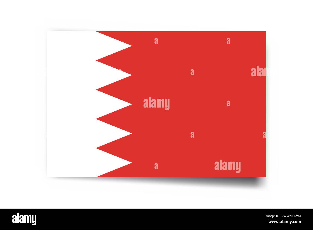 Bahrain flag - rectangle card with dropped shadow isolated on white background. Stock Vector