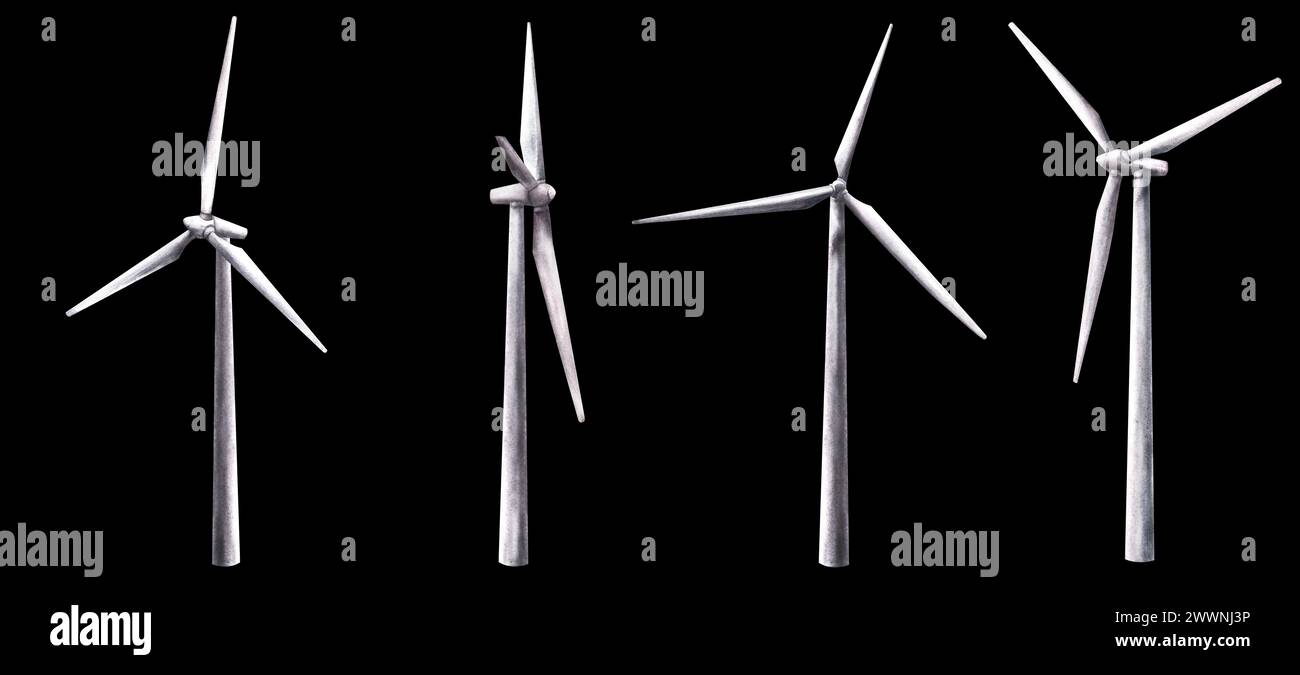Watercolor eco wind turbine, windmills set. Hand drawn illustration ...