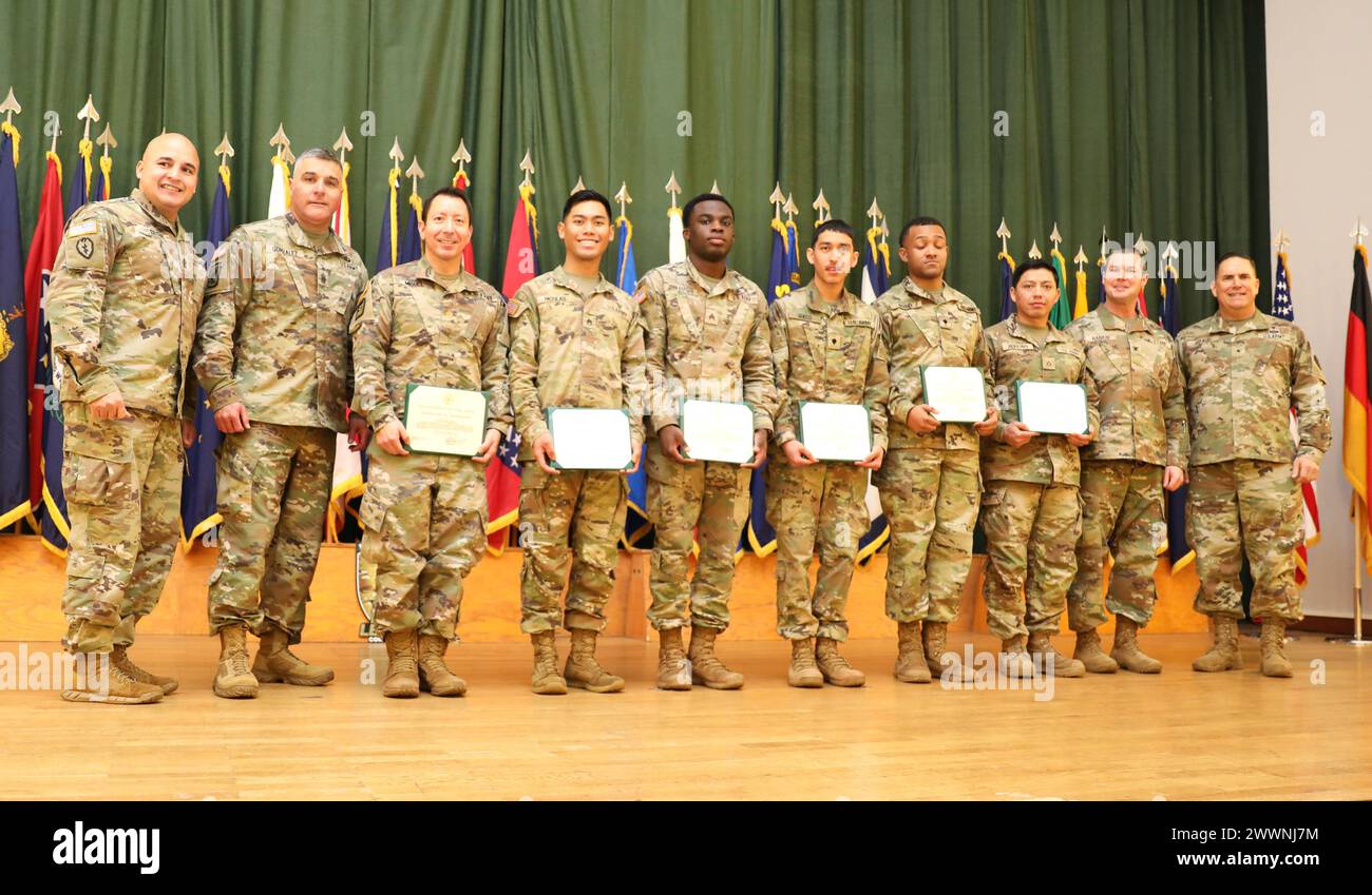 The 2nd Place (Runners Up) of the 2024 Medical Readiness Command, Europe Best Leader Competition held Feb 6-9 at Baumholder Training Area, Germany are pictured with Brig. Gen. Roger Giraud, commander of Medical Readiness Command, Europe and Command Sgt. Maj. Jesus Gonzalez. ( Stock Photo