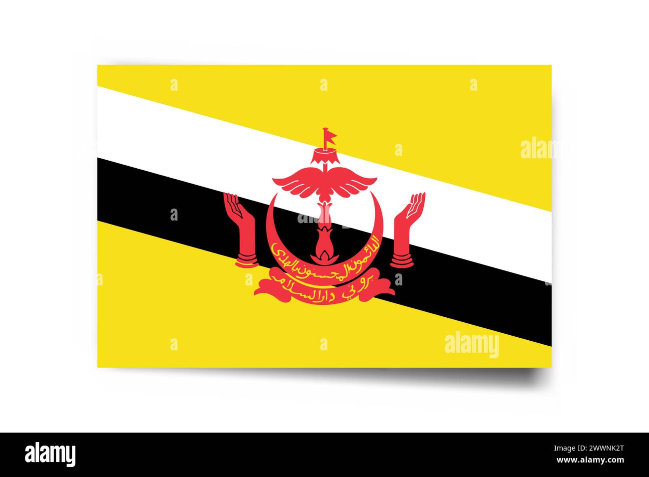 Brunei flag - rectangle card with dropped shadow isolated on white background. Stock Vector