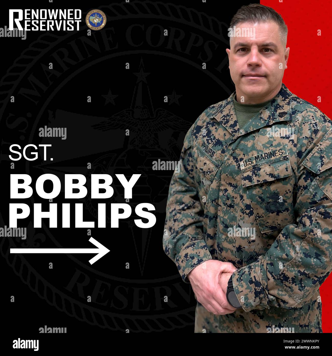 Social media graphic created to highlight Reserve Marines that have been selected as a Renowned Reservist, Marine Corps Support Facility, New Orleans, LA, Feb. 8, 2024. Sgt. Bobby Philips, Texas native and motor vehicle operator with Deployment Processing Command - Reserve Support Unit East, Force Headquarters Group, and fire captain with the Columbia-Richland Fire Department, Columbia, SC, was awarded the Columbia-Richland Fire Department Medal of Honor, for the courageous actions he took, braving life-threatening conditions in the line of duty to save lives during a three-alarm fire at an ap Stock Photo