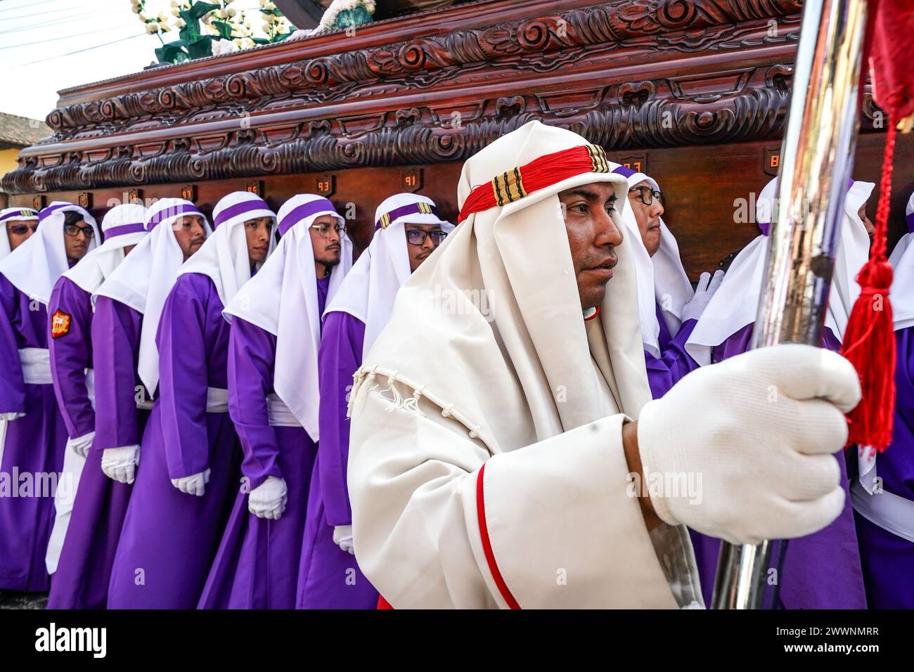 Processional Float Antigua, Guatemala. 24th Mar, 2024. Catholic penitents carry the ...