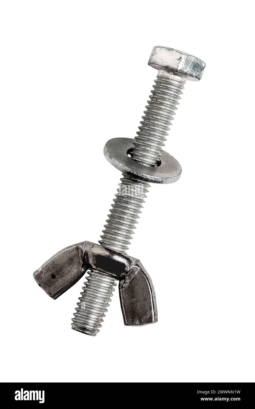 Bolt with washer and wingnut isolated on white background Stock Photo