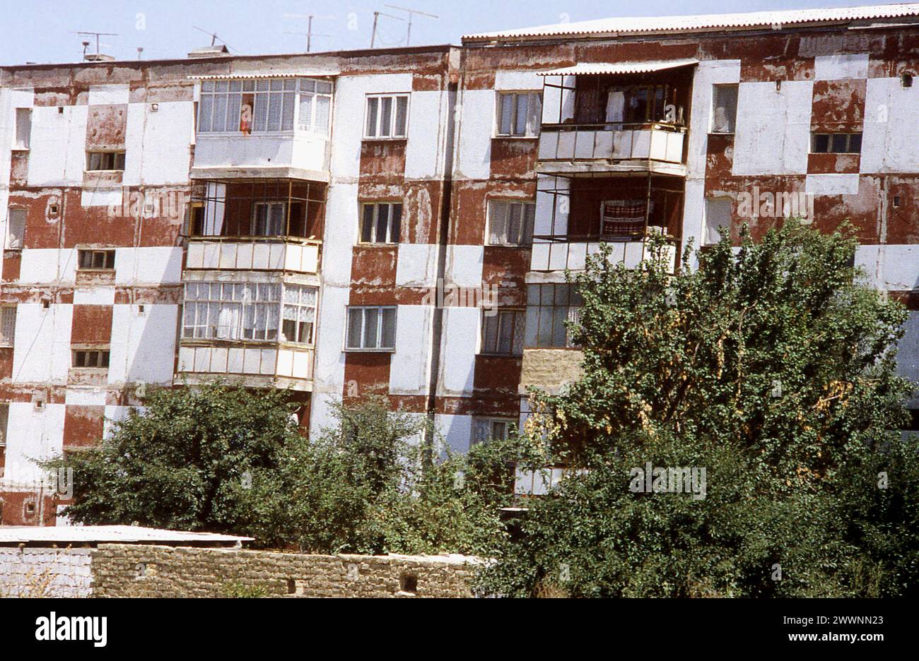 Communist-era apartment buildings in Zimnicea, Teleorman County, Romania, approx. 1993 Stock Photo