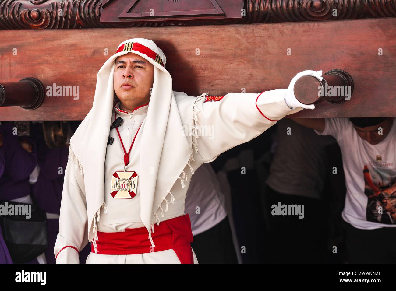 Processional Float Antigua, Guatemala. 24th Mar, 2024. Catholic penitents carry the ...