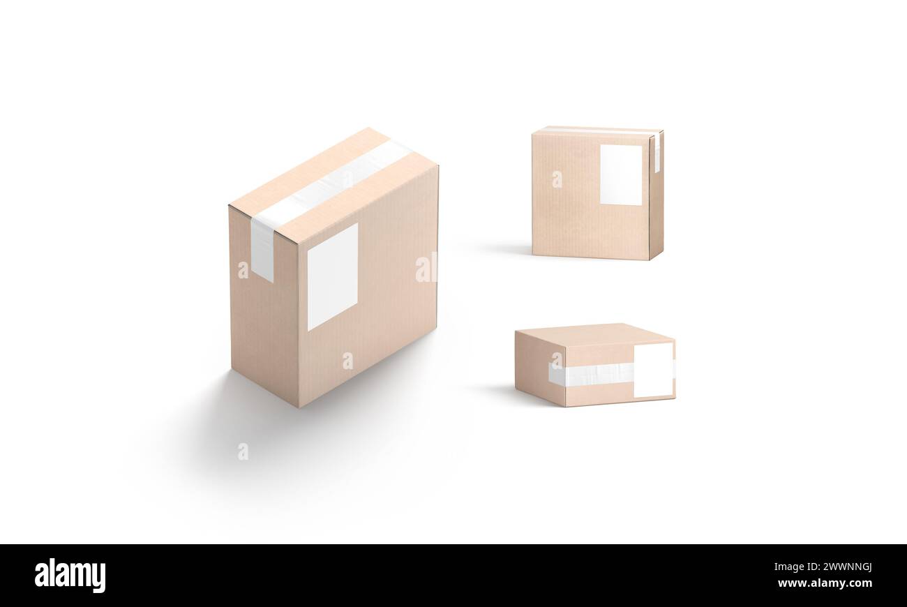 Blank white shipping label on craft box mockup, different sides, 3d ...