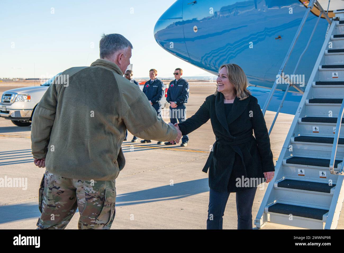 Deputy Secretary of Defense Kathleen H. Hicks greets U.S. Northern Command and North American Aerospace Defense Command Outgoing Commander Air Force Gen. Glen D. VanHerck at Peterson Space Force Base, Colo., Feb. 4, 2024. (DoD Stock Photo