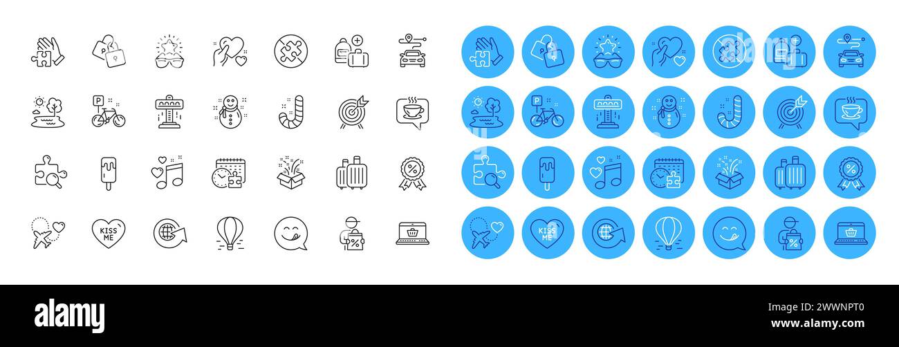 Search puzzle, World globe and Lake line icons pack. For web app. Color icon buttons. Vector Stock Vector