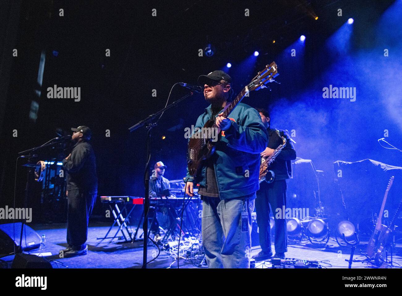 London, UK. 24th Mar, 2024. MRCY performing live at Hammersmith Apollo, London on 24 March 2024 Barney Lister, producer, bassist Their music, shaped during a meetup between lockdowns, combines soulful vocals, psychedelic vibes, and nostalgic arrangements for a timeless yet contemporary feel. Credit: Dafydd Owen/Alamy Live News Stock Photo