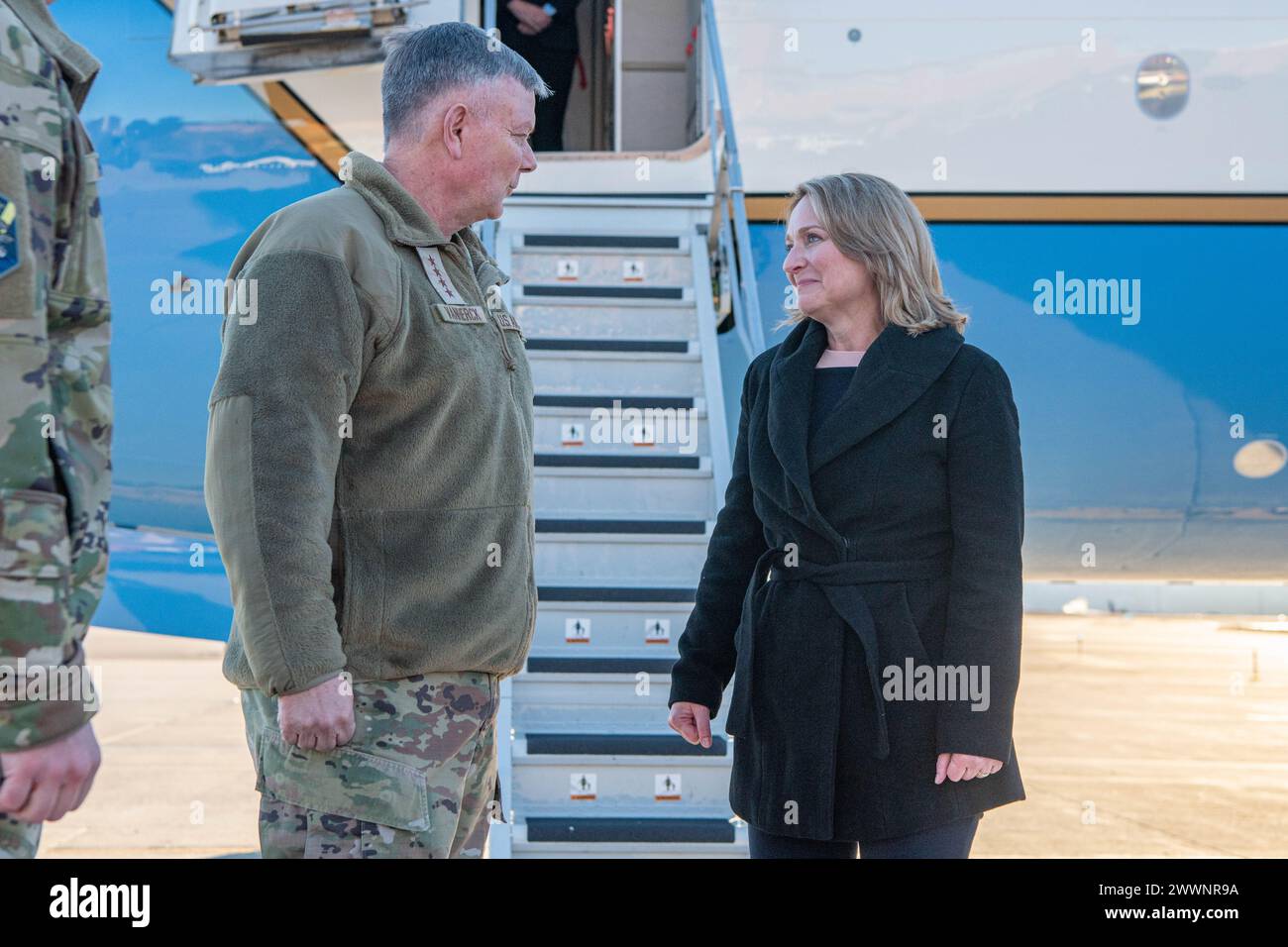 Deputy Secretary of Defense Kathleen H. Hicks speaks with U.S. Northern Command and North American Aerospace Defense Command Outgoing Commander Air Force Gen. Glen D. VanHerck at Peterson Space Force Base, Colo., Feb. 4, 2024. (DoD Stock Photo