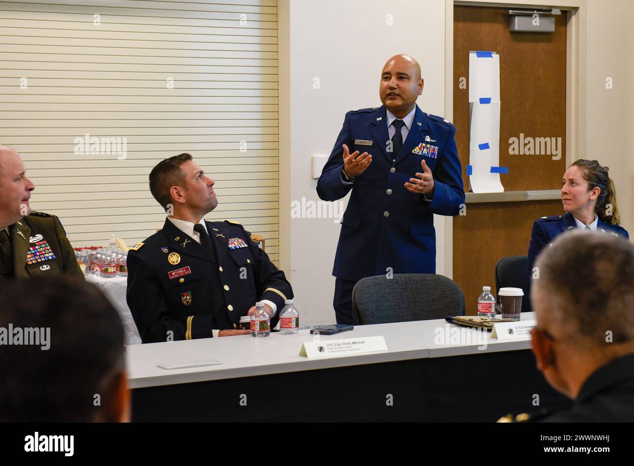 U.S. Army Maj. Gen. Matthew P. Beevers, Adjutant General, California Military Department host GEN Manoj Pande, Chief of the Army Staff, Indian Army, during Pande and his delegations visit at Moffett Air National Guard Base, Calif., Feb. 16, 2024.  The visit marks a significant stride in a collaborative efforts to deepen professional military education and trust, supporting each other's modernization through tech advancements and to conduct joint exercise, enhancing interoperability and readiness.   Air National Guard Stock Photo