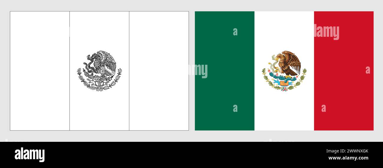 Mexico flag - coloring page. Set of white wireframe thin black outline ...