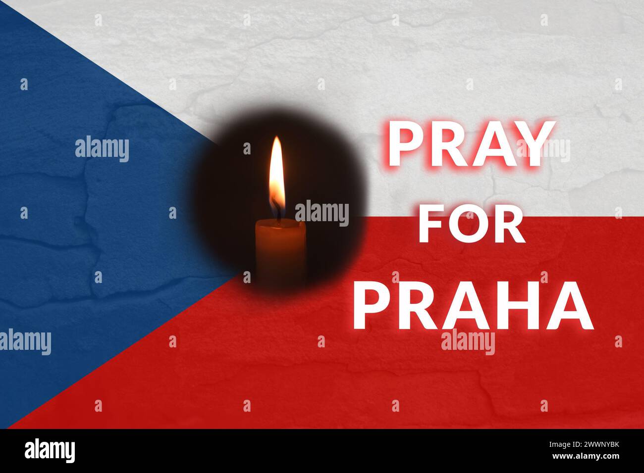Pray for Praha. Banner for design. Text. Mass shooting in Prague. Flag of Czech Republic. Stock Photo