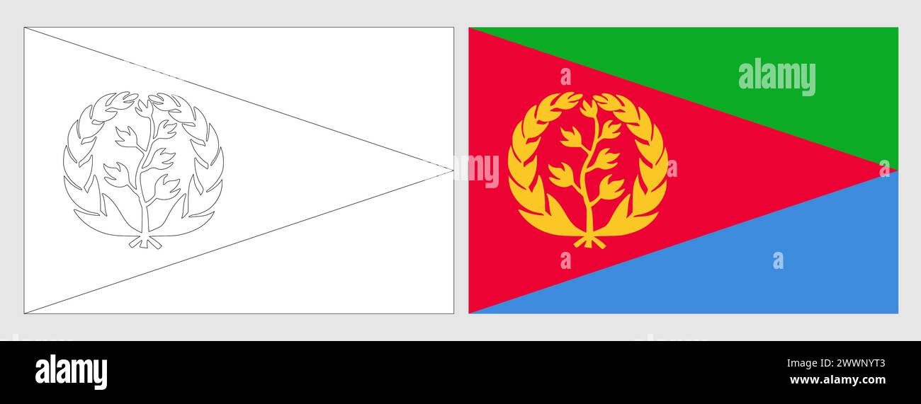 Eritrea flag - coloring page. Set of white wireframe thin black outline ...