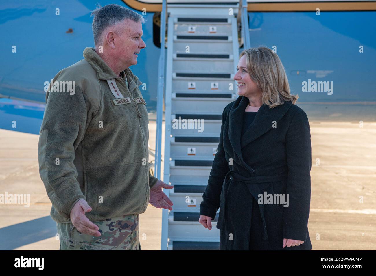 Deputy Secretary of Defense Kathleen H. Hicks speaks with U.S. Northern Command and North American Aerospace Defense Command Outgoing Commander Air Force Gen. Glen D. VanHerck and at Peterson Space Force Base, Colo., Feb. 4, 2024. (DoD Stock Photo