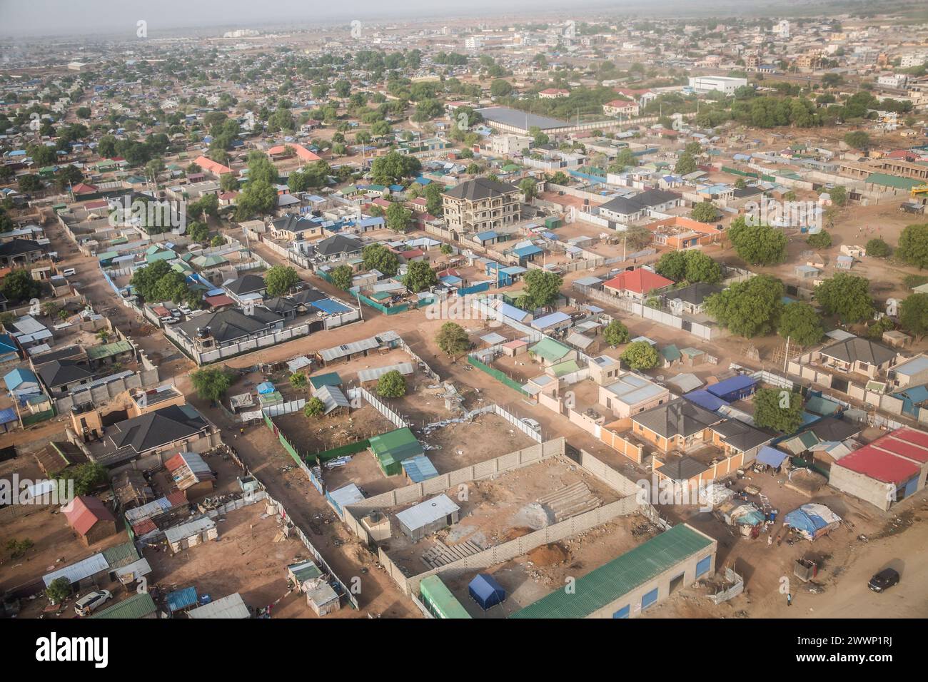 Juba, South Sudan's capital city, seen from the sky. Around 1,000 South Sudanese returnees and Sudanese refugees are crossing the border from Sudan to South Sudan every day. Sudan's war, which began in April 2023, has resulted in the world's largest displacement crisis. Stock Photo