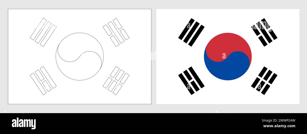 South Korea flag coloring page - South Korea Flag Coloring Page Set Of White Wireframe Thin Black Outline Flag And Original Colored Flag 2WWP24W
