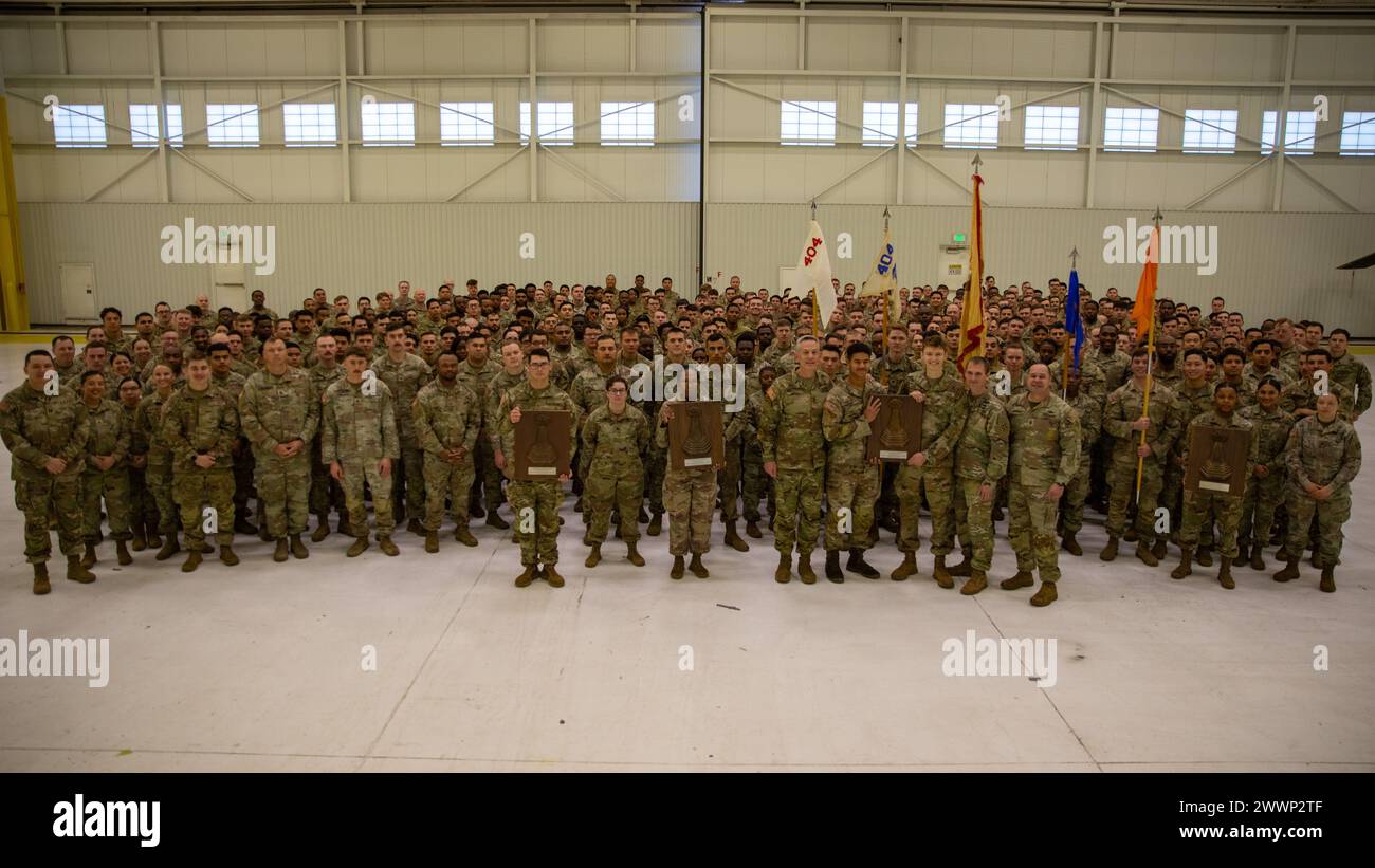 404th Aviation Support Battalion, 4th Combat Aviation Brigade, 4th Infantry Division, are awarded the 2024 Lt. Gen. Ellis D. Parker Award for best combat Service Support in the Department of the U.S. Army at 404th ASB Hangar, Fort Carson, Colorado on Feb. 12th, 2024. The category for nominations was based on the unit mission statement and unit mission essential task list.  Army Stock Photo