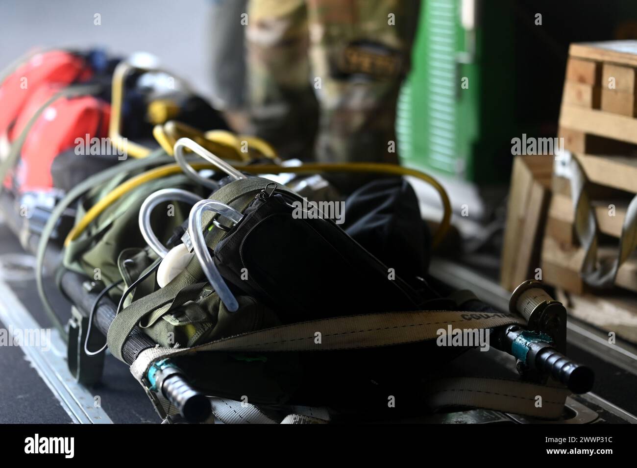 Medical supplies sit on the ramp of a C130J Super Hercules during a