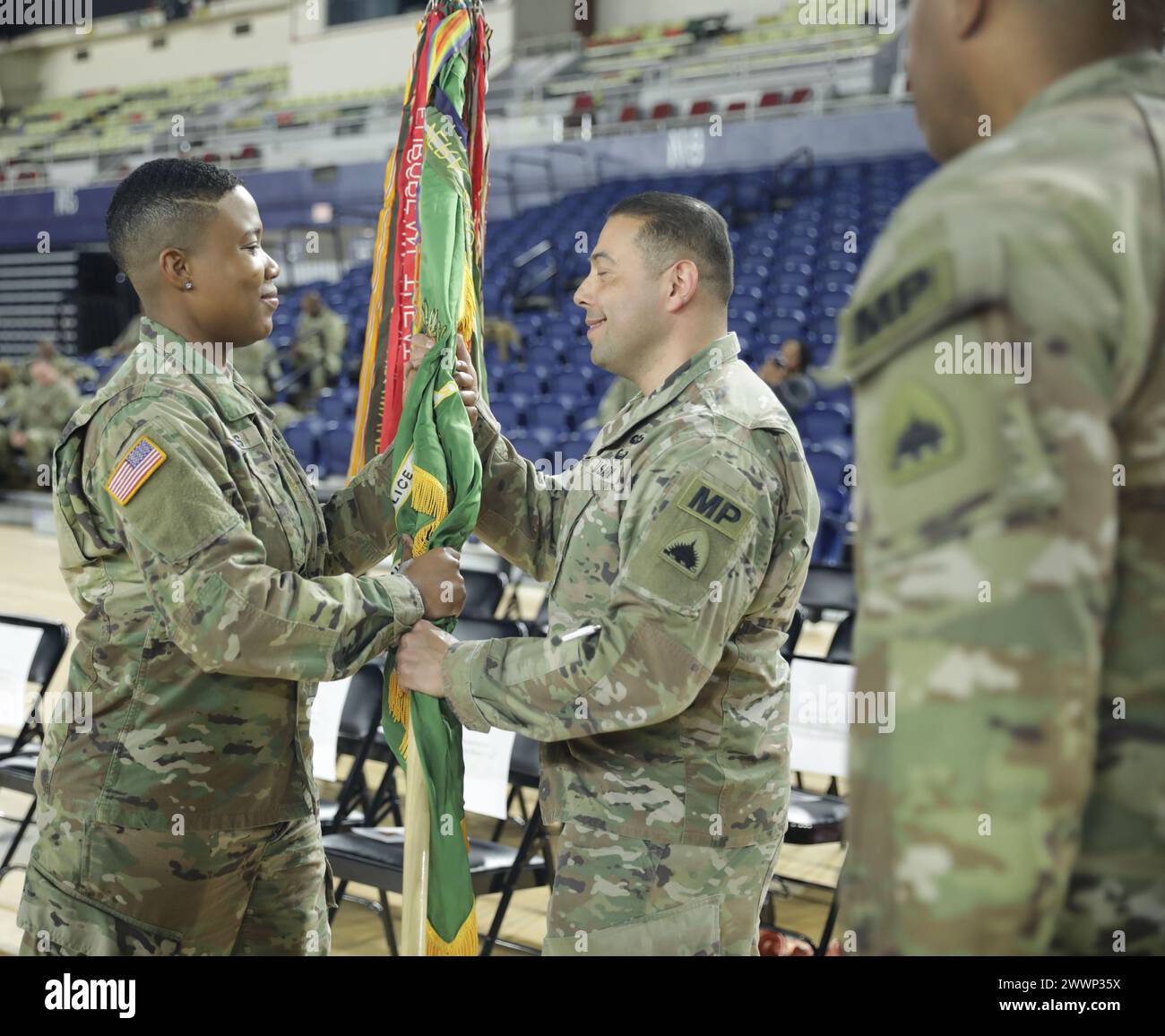 District of Columbia National Guard holds a change of command ceremony, for incoming commander, Maj. Michelle A. Watkis and former Commander, Lt. Col. Michael A. Cox Jr, of the 372nd Military Police Company, in the D.C. Armory, on Feb 3, 2024.   During the ceremony, the passing of the guidon, was completed to commemorate the changing of leadership. (Army National Guard Stock Photo