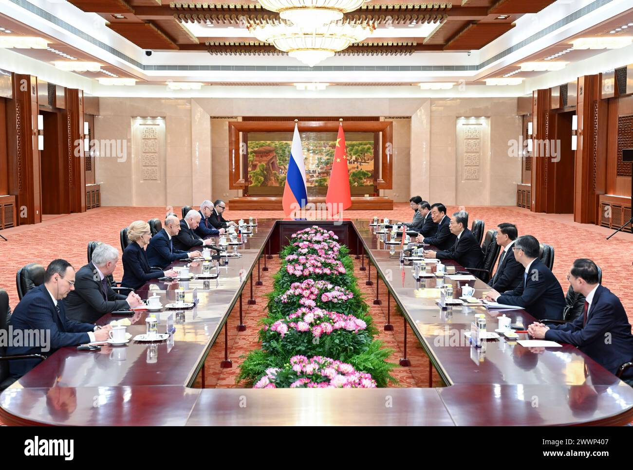 Beijing, China. 25th Mar, 2024. Zhao Leji, chairman of the National People's Congress Standing Committee, meets with Deputy Chairman of the Russian State Duma Alexander Babakov in Beijing, capital of China, March 25, 2024. Credit: Zhang Ling/Xinhua/Alamy Live News Stock Photo