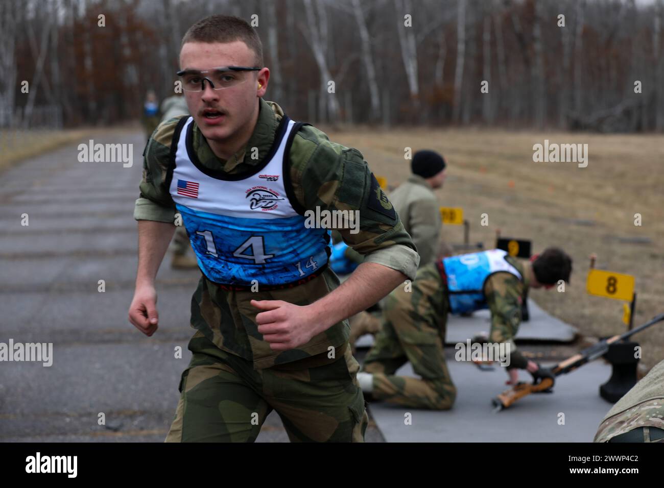 The Norwegian Home Guard Youth run a Biathlon at Camp Ripley Training Center in Little Falls, Minnesota, on February 7th, 2024. The Norwegian Home Guard is training with the Minnesota National Guard as a part of the 51st annual Norwegian Reciprocal Troop Exchange (Minnesota Army National Guard Stock Photo