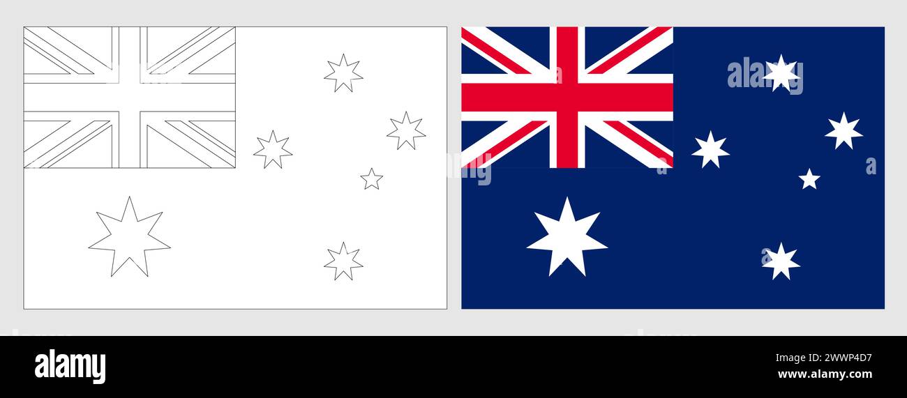 Australia flag coloring page - Australia Flag Coloring Page Set Of White Wireframe Thin Black Outline Flag And Original Colored Flag 2WWP4D7 