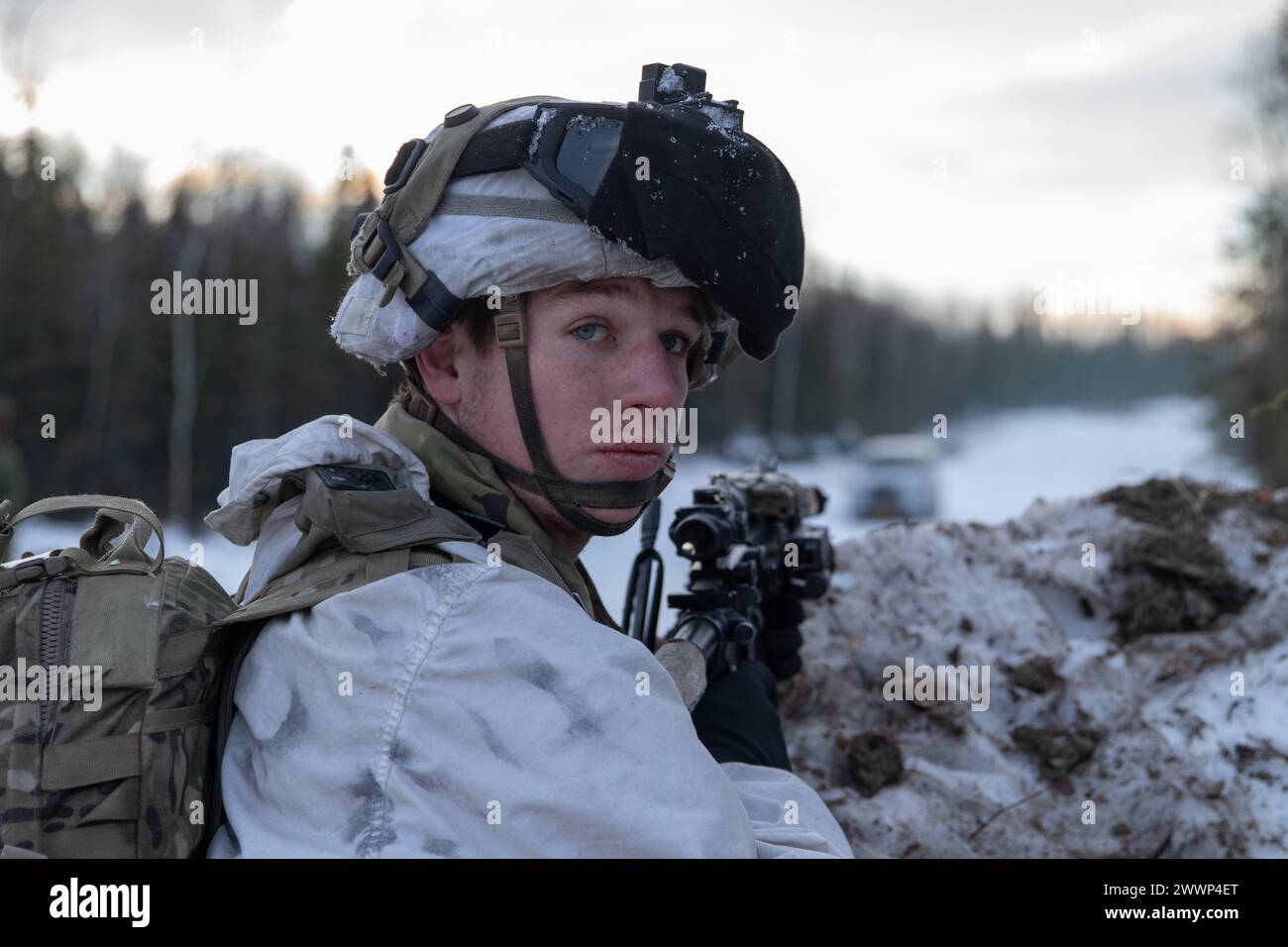 A U.S. Soldier, assigned to 1st Battalion, 24th Infantry Regiment, 1st Infantry Brigade Combat Team, 11th Airborne Division, pulls security during Joint Pacific Multinational Readiness Center 24-02 at Donnelly Training Area, Alaska, Feb. 20, 2024. JPMRC 24-02 depends on joint, multi-component and multinational partners to succeed, including U.S. Air Force air and ground crews, U.S. Marines, and international military participants from more than five countries, a testament to the realism and authenticity of its world-class training capability.  Army Stock Photo