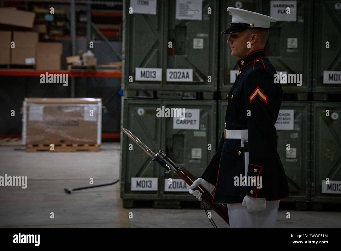 Private First Class Austin T. Dawson, rifleman, Silent Drill Platoon (SDP) conducts a drill sequence during “Challenge Day” at Marine Corps Air Station Yuma, Ariz., Feb. 21,  2024. Challenge Day is a traditional event in which SDP Marines compete to decide who will be on the “Marching 24” for the upcoming year.  Marine Corps Stock Photo