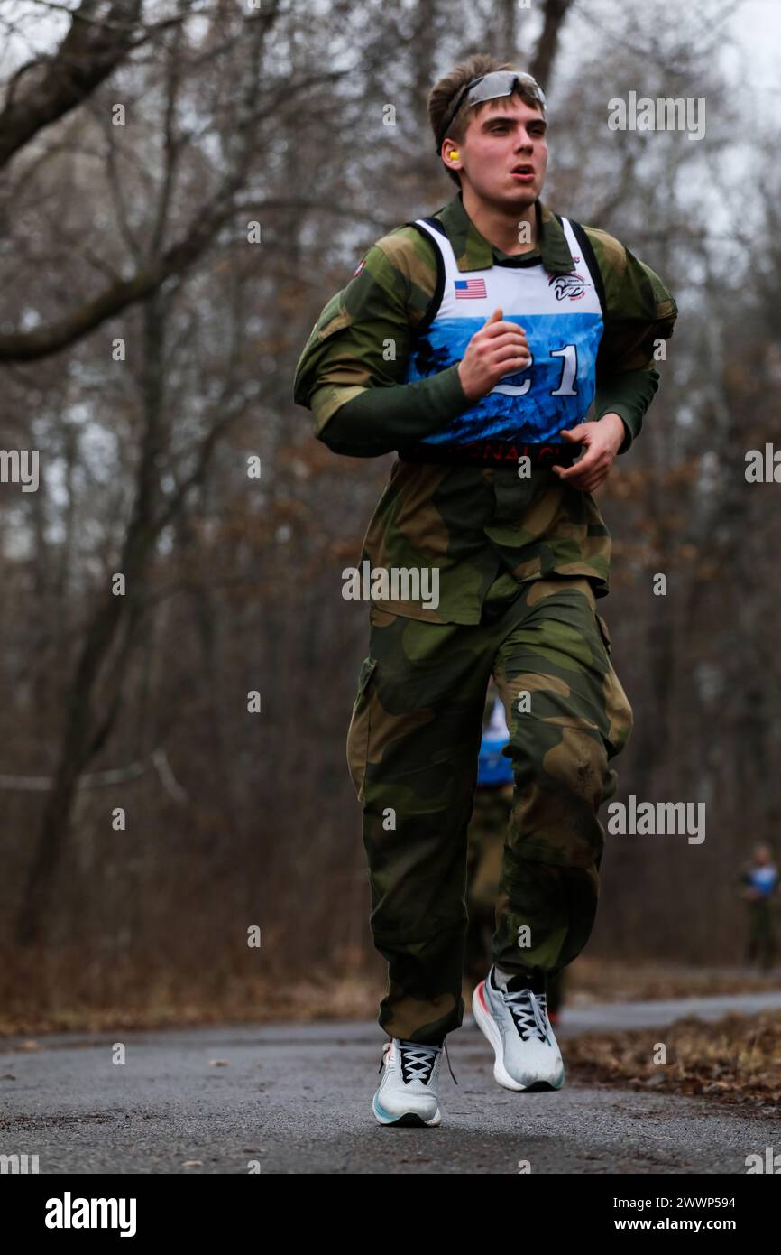 The Norwegian Home Guard Youth run a Biathlon at Camp Ripley Training Center in Little Falls, Minnesota, on February 7th, 2024. The Norwegian Home Guard is training with the Minnesota National Guard as a part of the 51st annual Norwegian Reciprocal Troop Exchange (Minnesota Army National Guard Stock Photo