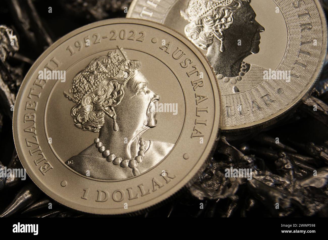 Australian pure silver coins 1 dollar Elizabeth II 1952-2022 close-up Stock Photo