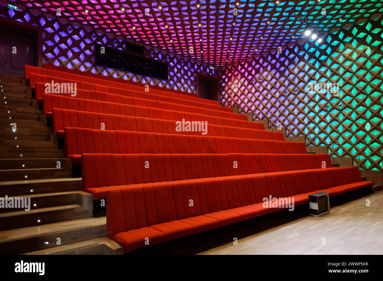 Meeting room, with multicoloured ceiling and wall lighting. Dutch Institute For Sound & Vision, Hilversum, Netherlands. Architect: Neutelings Riedijk Stock Photo