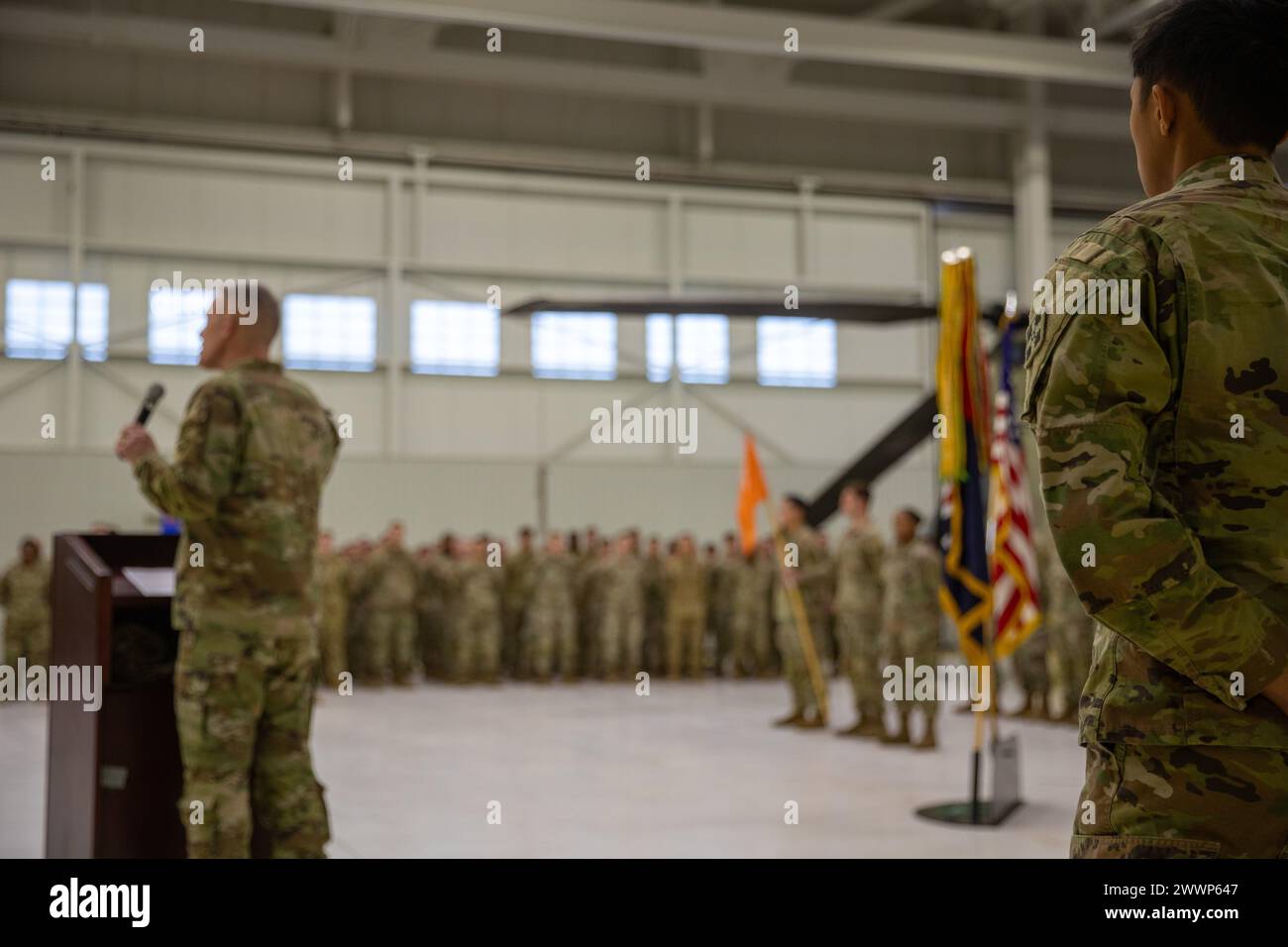 Maj. Gen. David Doyle, commanding general of the 4th Infantry Division, speaks to 404th Aviation Support Battalion, 4th Combat Aviation Brigade, 4th Infantry Division at the 2024 Lt. Gen. Ellis D. Parker Award ceremony for best combat Service Support in the Department of the U.S. Army at 404th ASB Hangar, Fort Carson, Colorado on Feb. 12th, 2024. The Parker Award, a multi-component Department of the Army level award, recognized the battalion for the unit’s excellence in accomplishing its mission essential task list.  Army Stock Photo