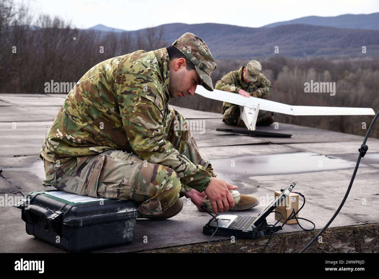 U.S. Army Paratroopers assigned to the 1st Battalion, 503rd Infantry Regiment, 173rd Airborne Brigade, prepare a Puma aviation system during Eagle Ursa exercise at the training range in Slunj, Croatia, Feb. 24, 2024. The 173rd Airborne Brigade is the U.S. Army's Contingency Response Force in Europe, providing rapidly deployable forces to the United States European, African, and Central Command areas of responsibility. Forward deployed across Italy and Germany, the brigade routinely trains alongside NATO allies and partners to build partnerships and strengthen the alliance.  Army Stock Photo