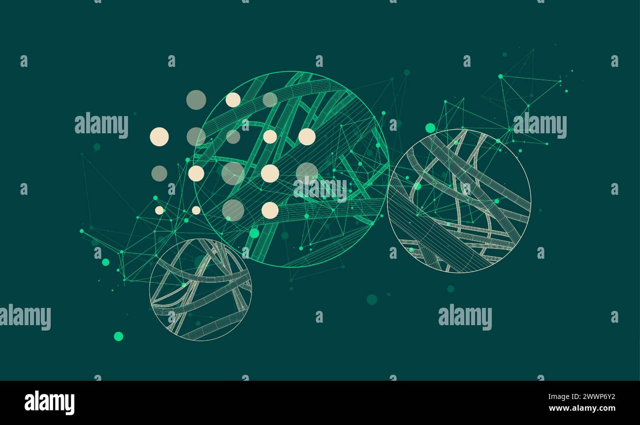Vector abstract background with a wireframe dynamic pipes, line and particles inside circle. Stock Vector
