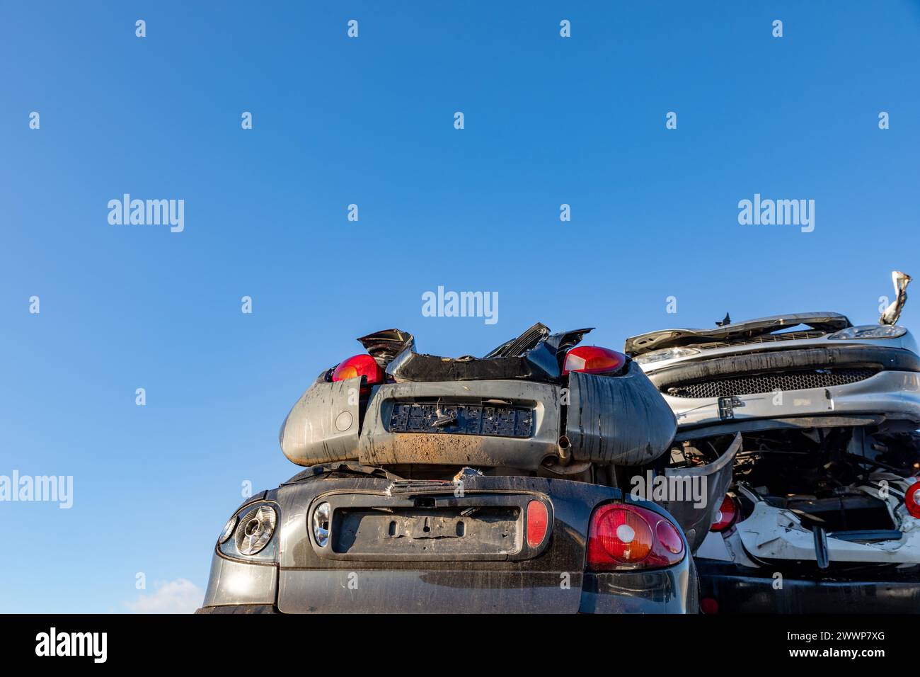 Stacked cars at a junkyard in the SouthHolland village of Lisse in the