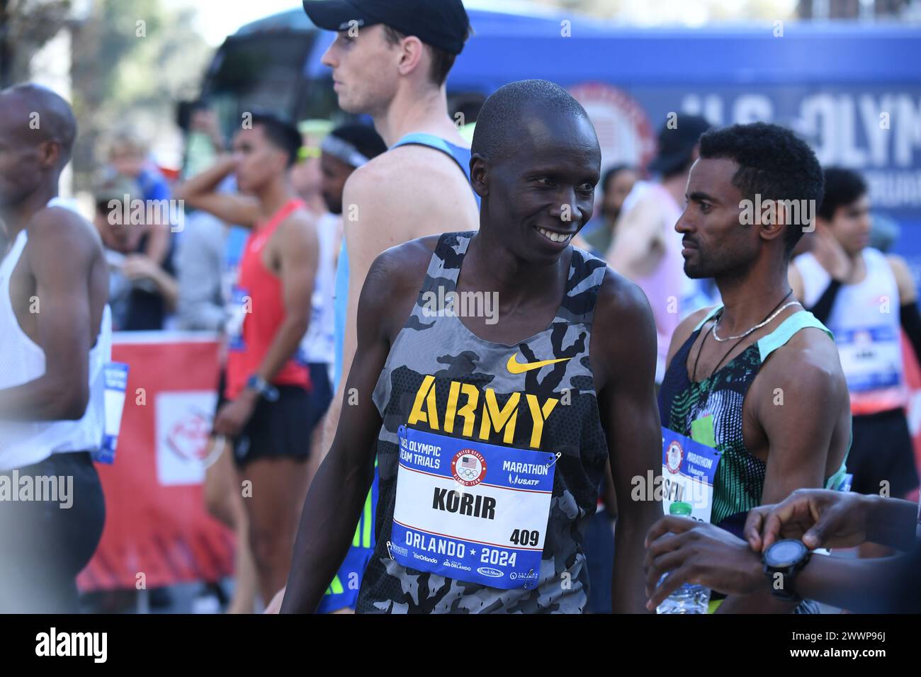 Staff Sgt. Leonard Korir, a Soldier-Athlete with the U.S. Army World Class Athlete Program, smiles before the start of the U.S. Olympic Marathon Trials on Feb. 3 in Orlando, Florida. Korir won the bronze medal with a time of 2 hours, 9 minutes, 57 seconds, but will have to wait and find out if he made the U.S. Olympic team. Stock Photo