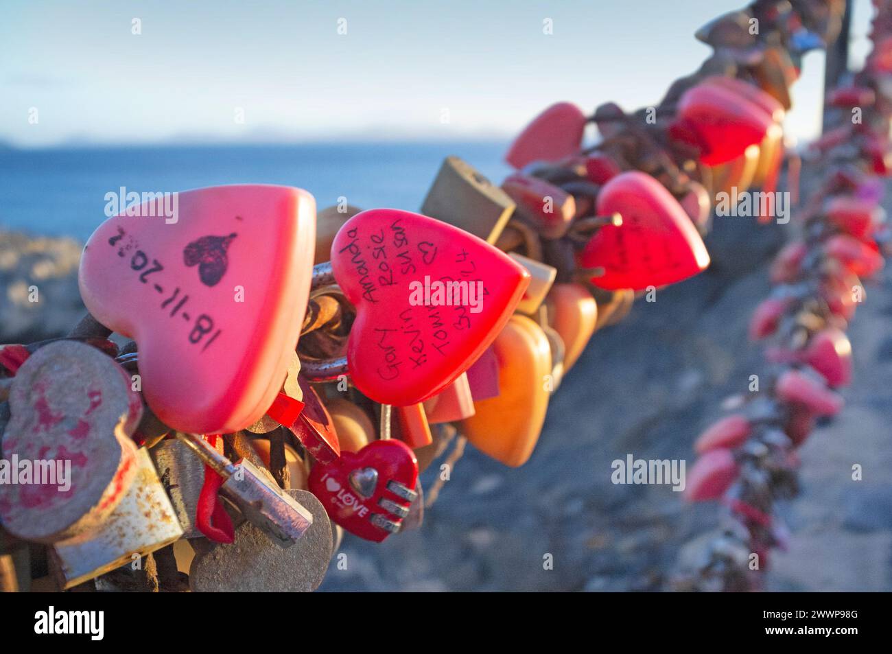 Love locks close to the sea at Playa Blanca, Lanzarote Stock Photo