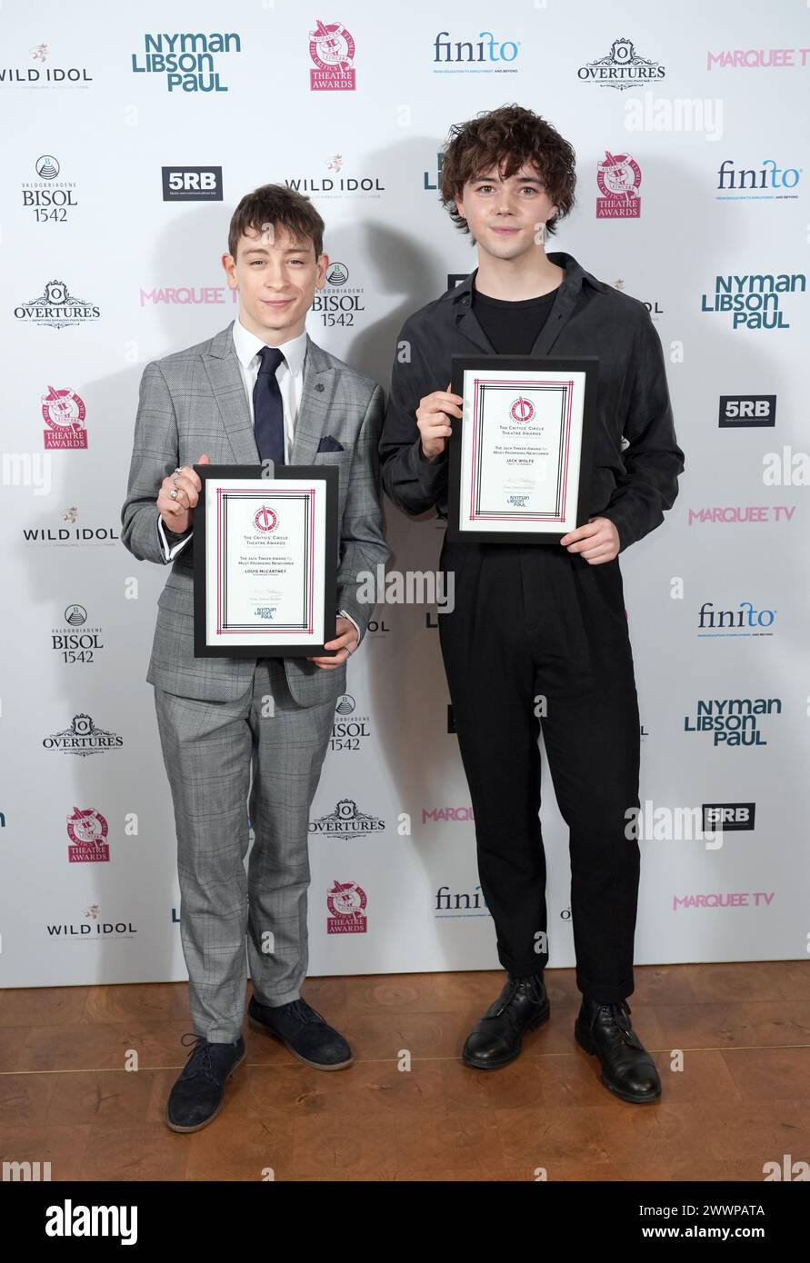 Louis McCartney (left) and Jack Wolfe with their Jack Tinker Award for Most Promising Newcomer at the annual UK Critics' Circle Theatre Awards, at Soho Place in London. Picture date: Monday March 25, 2024. Stock Photo