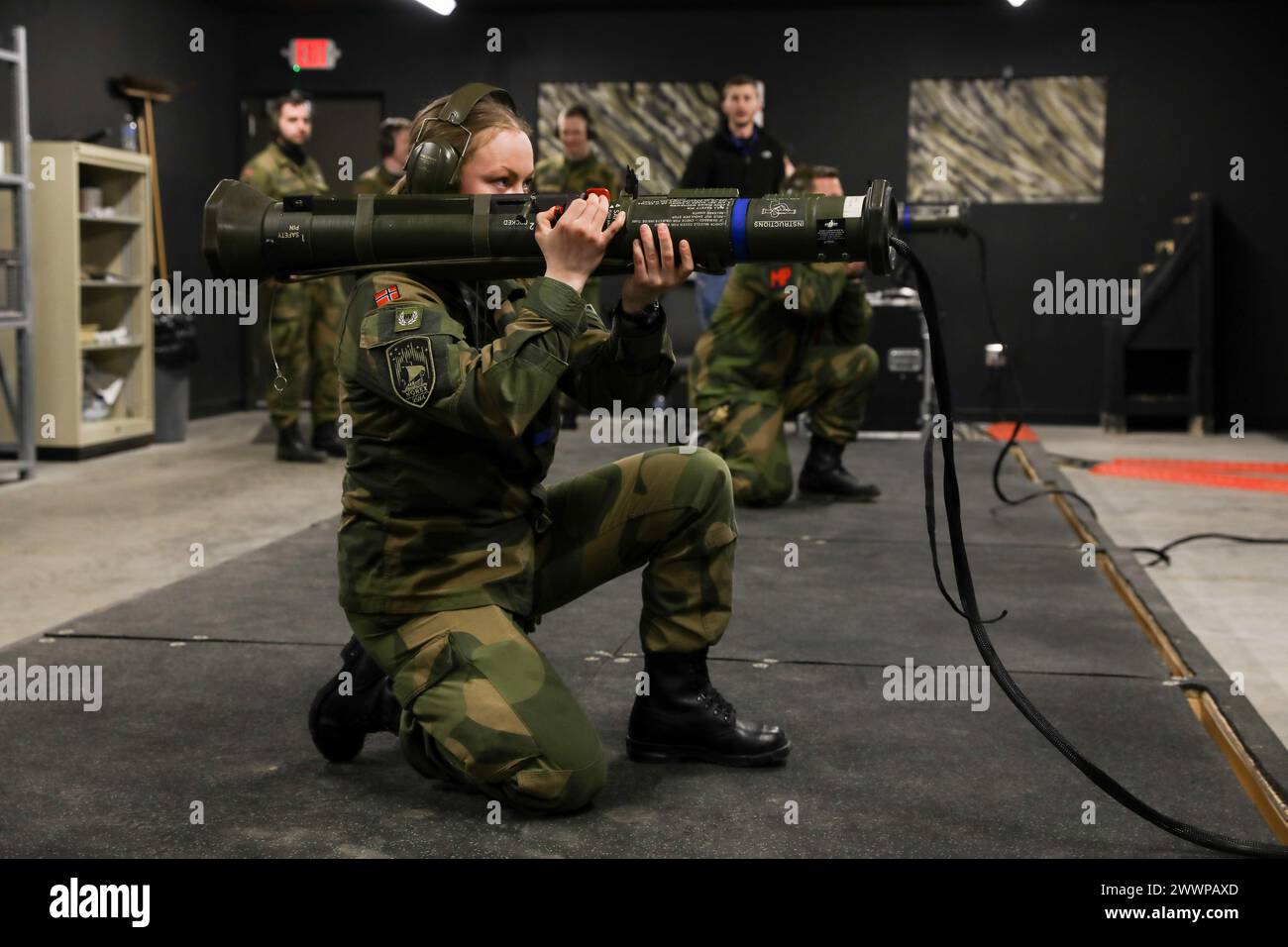 The Rapid Response Force from the Norwegian Home Guard trained with Minnesota National Guardsmen on simulated anti-armor weapons like the FGM-148 Javelin in Engagement Skills Trainer ranges at Camp Ripley Training Center in Little Falls, Minnesota on February 6th 2024 (Minnesota Army National Guard Stock Photo