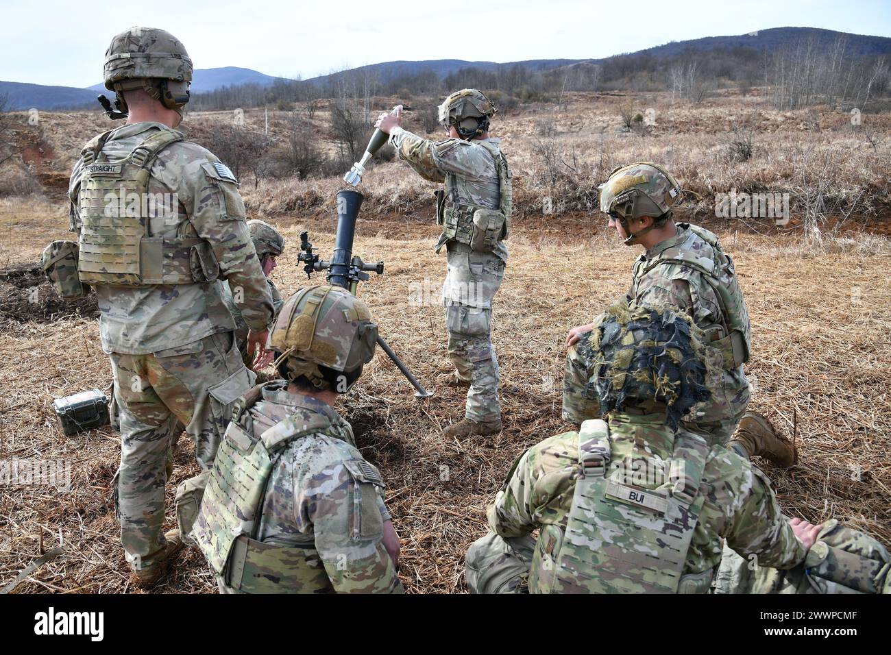 U.S. Army Paratroopers assigned to the 1st Battalion, 503rd Infantry Regiment, 173rd Airborne Brigade fire an M252 81 mm mortar system during Eagle Ursa exercise at the training range in Slunj, Croatia, Feb. 24, 2024. The 173rd Airborne Brigade is the U.S. Army's Contingency Response Force in Europe, providing rapidly deployable forces to the United States European, African, and Central Command areas of responsibility. Forward deployed across Italy and Germany, the brigade routinely trains alongside NATO allies and partners to build partnerships and strengthen the alliance.  Army Stock Photo