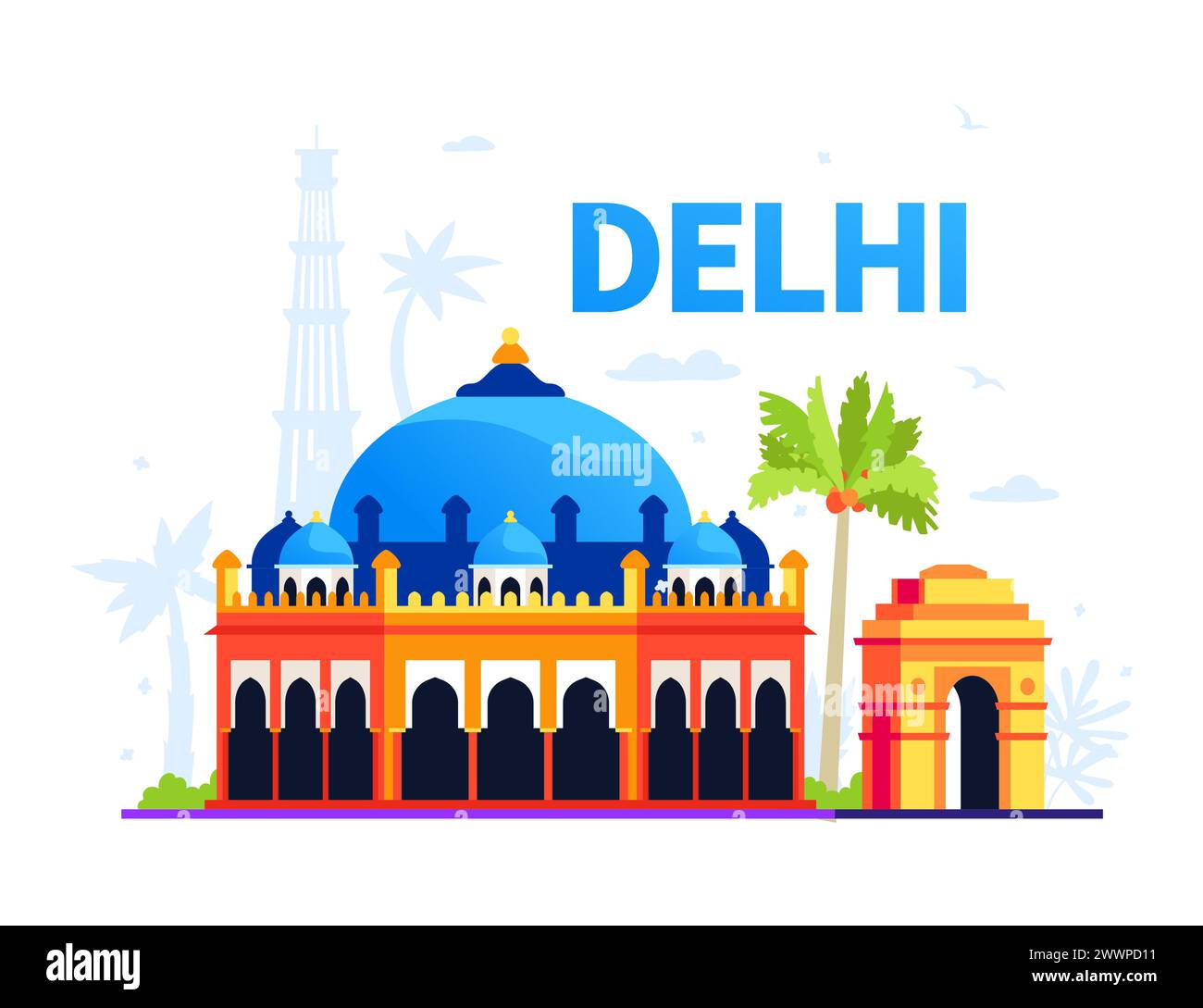 Akshardham and Gateway of India in New Delhi - colored vector illustration Stock Vector